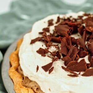 gluten free french silk pie topped with chocolate shavings.