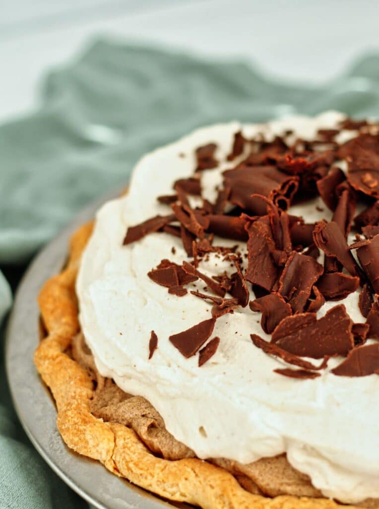 gluten free french silk pie topped with chocolate shavings.