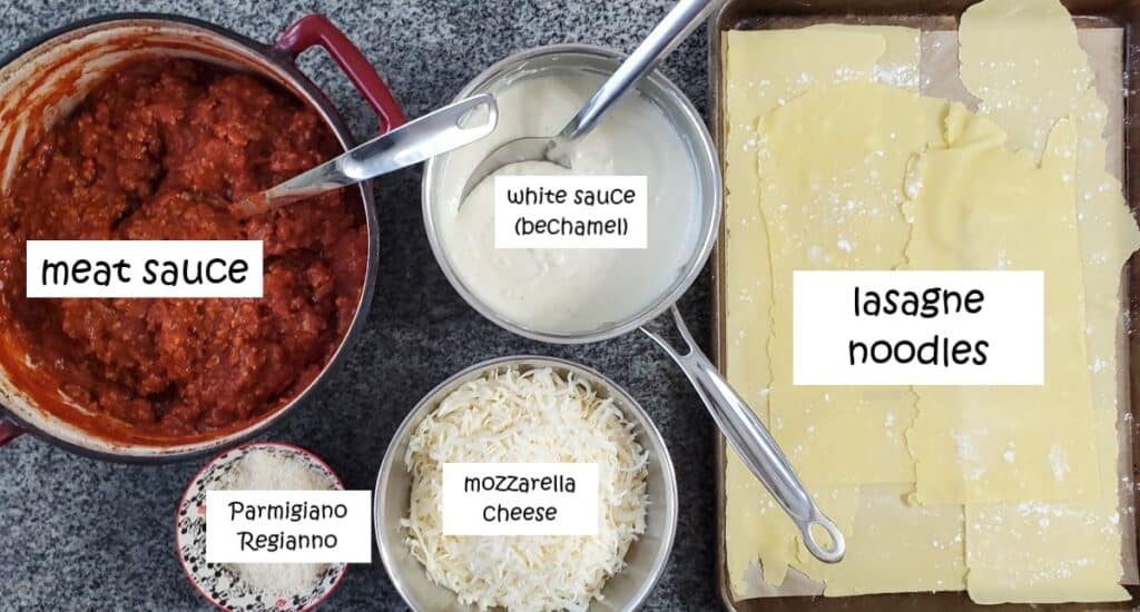 ingredients for making homemade gf lasagne measured out and labeled.