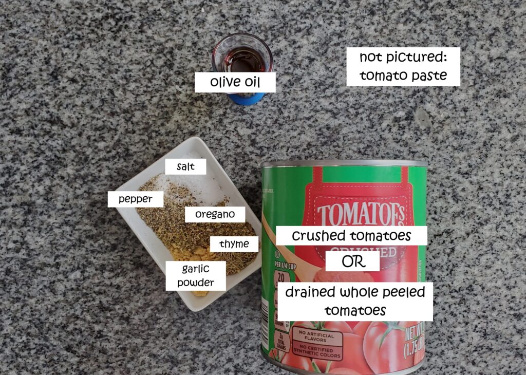 ingredients for no cook pizza sauce measured out and labeled on granite countertop.