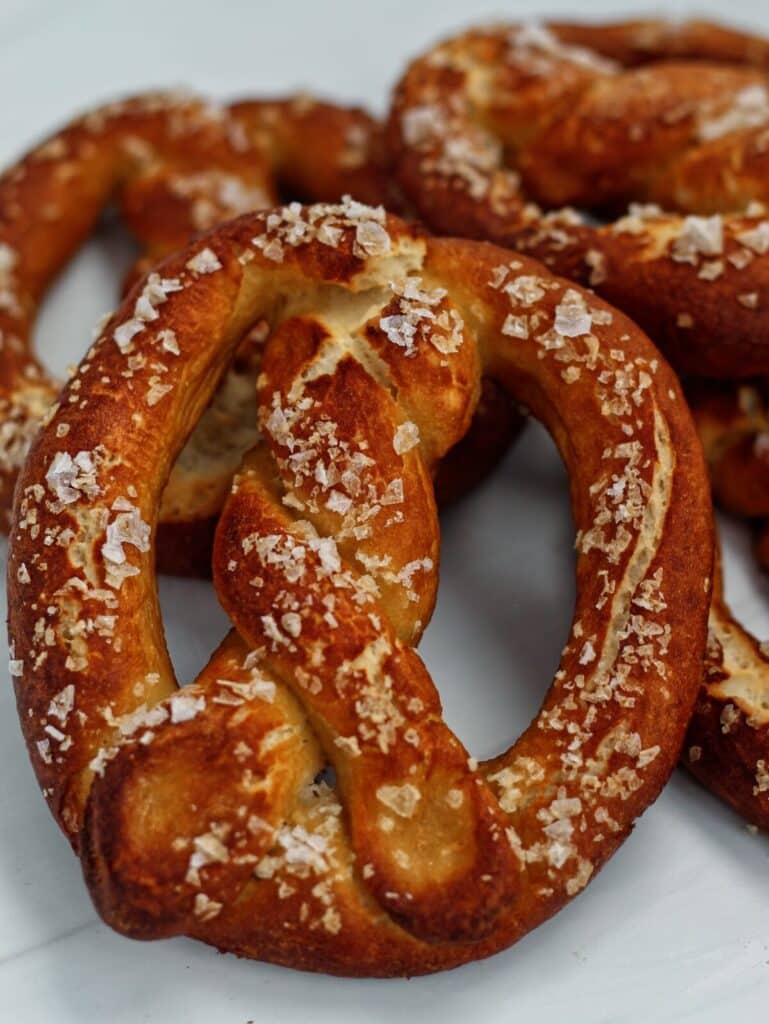 gluten free sourdough pretzels on quartz countertop.