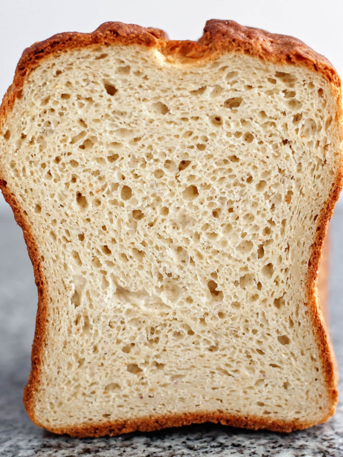 cross section of loaf bread made with multigrain flour.