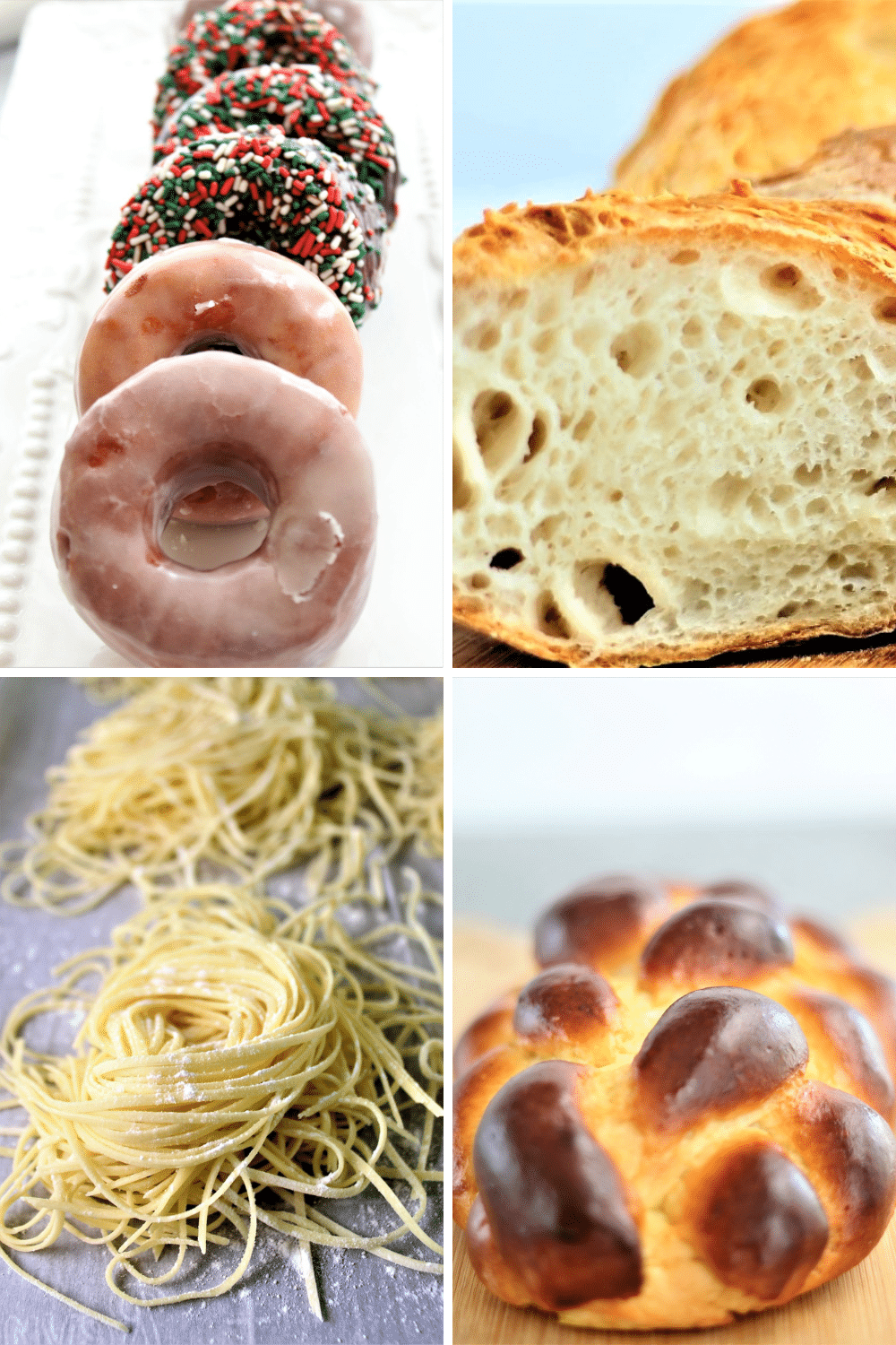 collage of yeast donuts, artisan bread, homemade pasta, and challah bread.