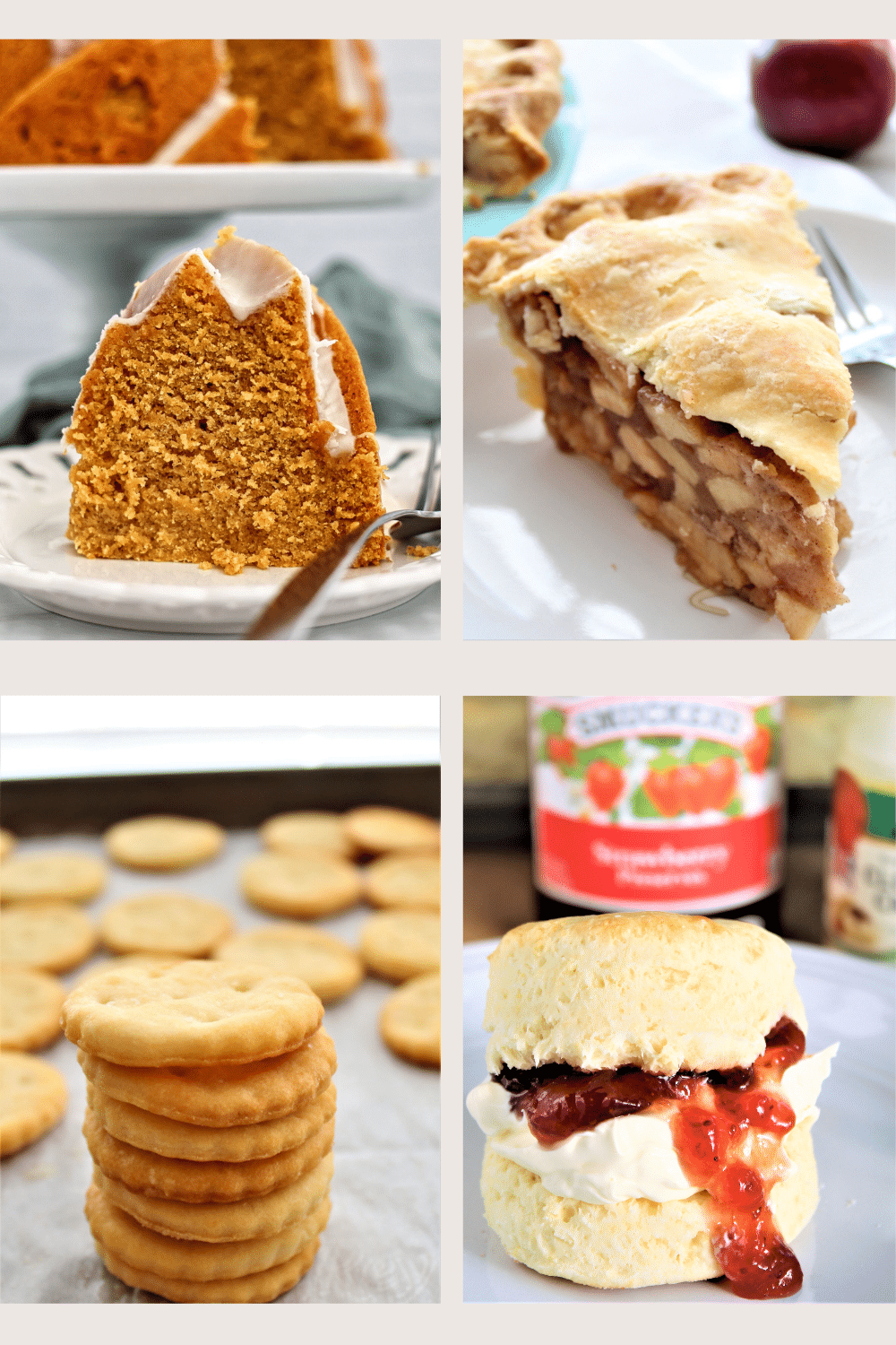 collage of pumpkin cake, apple pie, ritz crackers, and english scones.