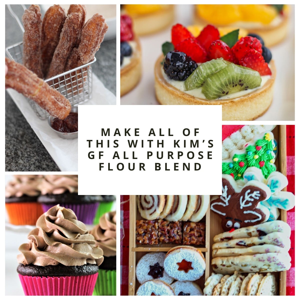 collage of churros, fruit tarts, chocolate cupcakes, and sugar cookies.