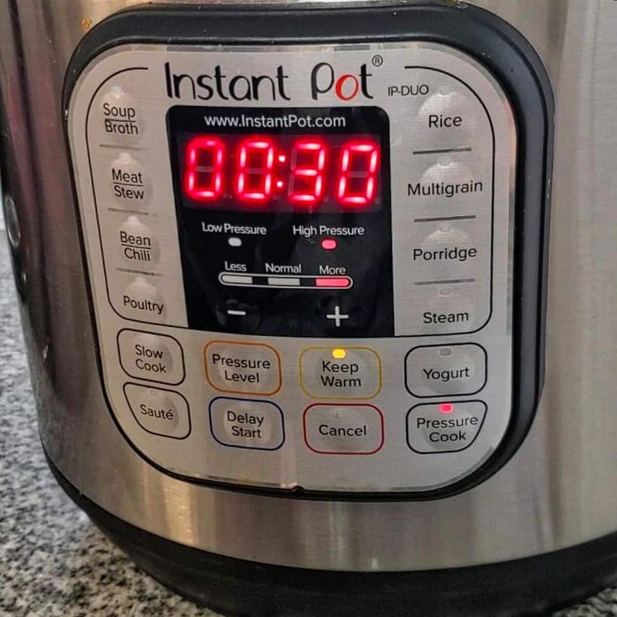 set the timer on the instant pot for 30 minutes at high pressure cooking.