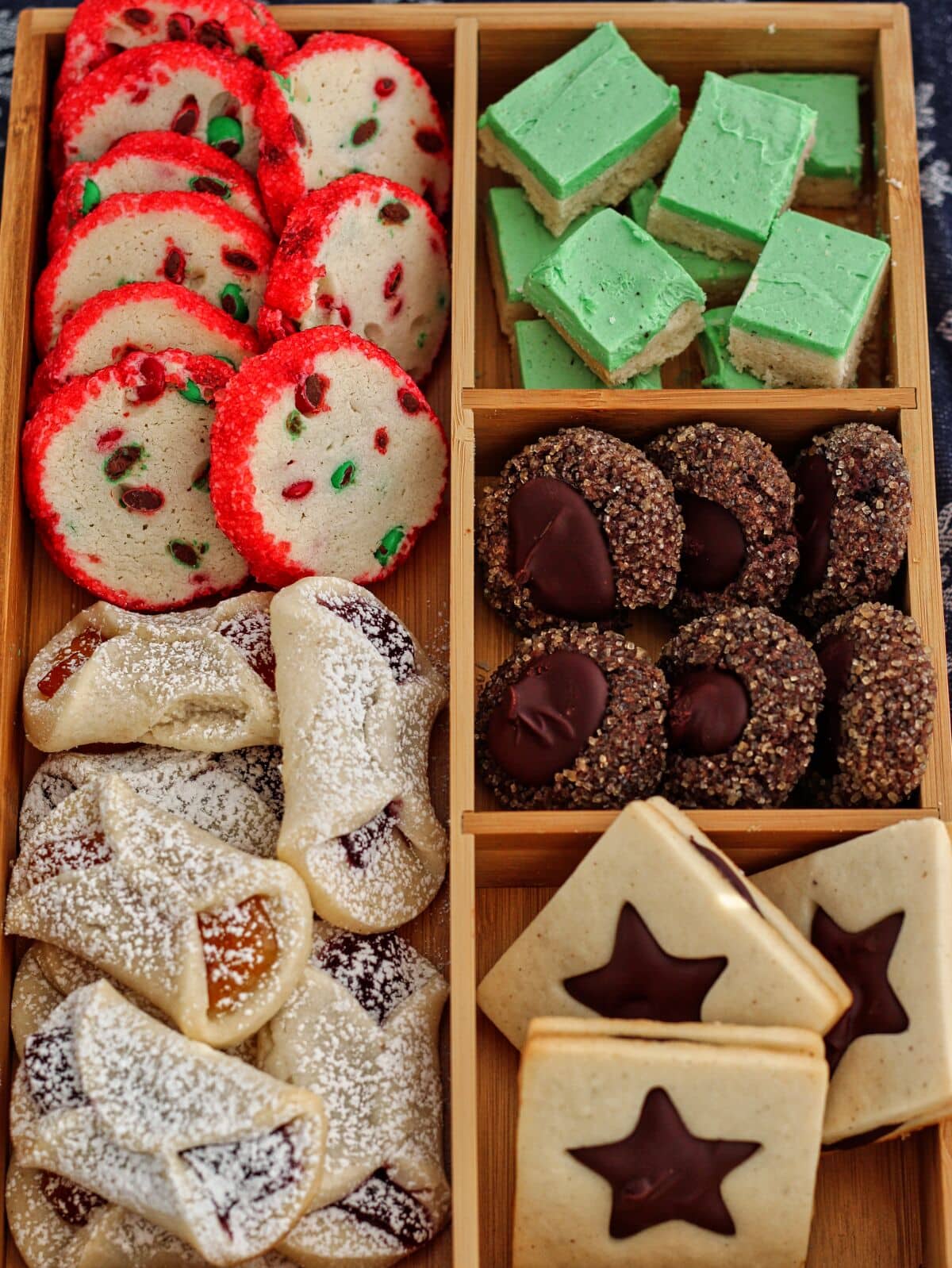 gluten free butter cookies five ways in wooden box.