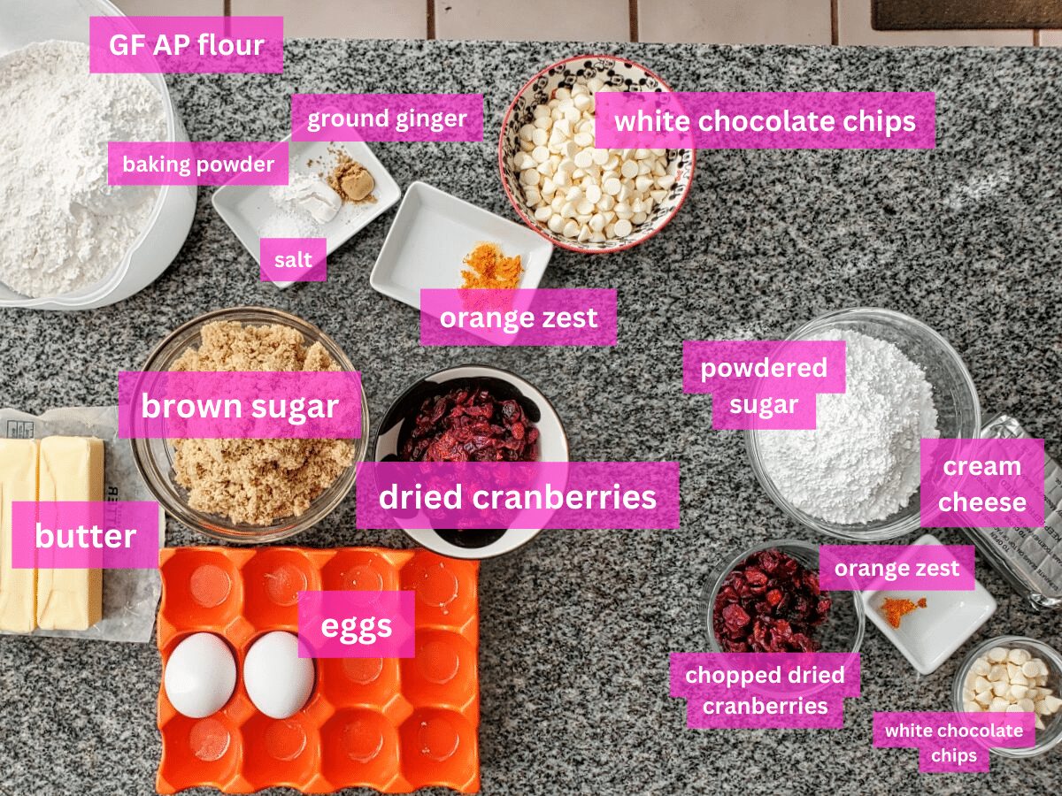 ingredients measured out and labeled in white letters and hot pink background.