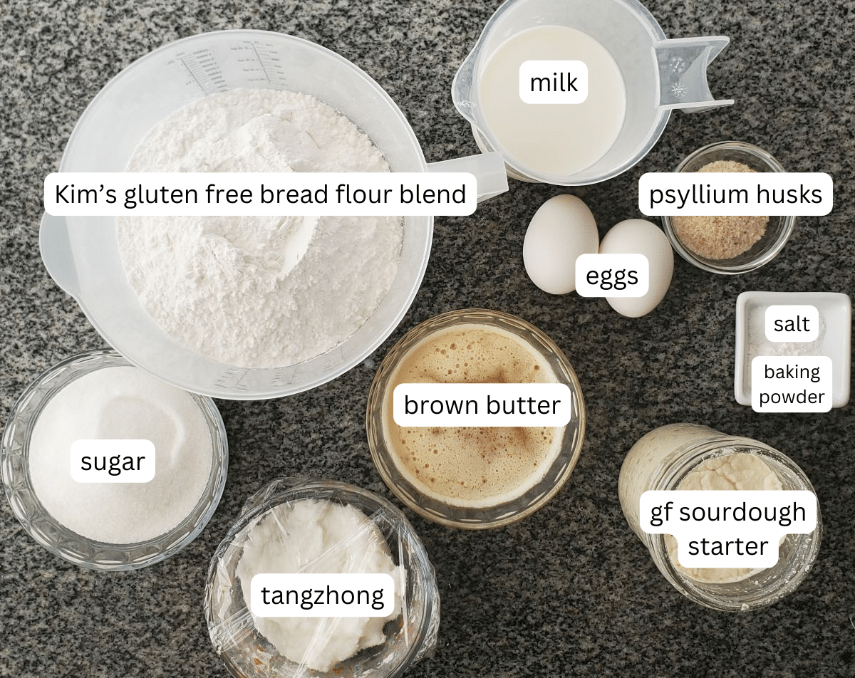 ingredients for cinnamon rolls measured out and labeled.