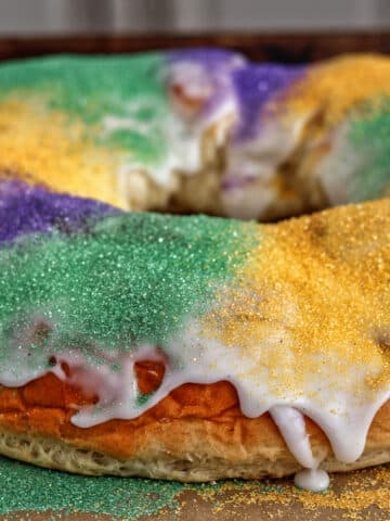 purple, green, and gold gluten free king cake.