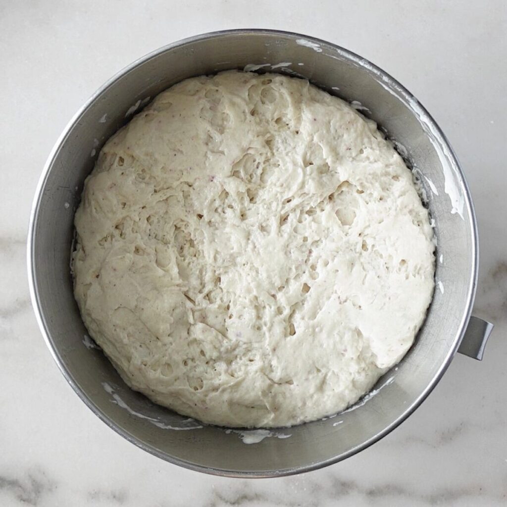 doubled in size dough in stainless steel bowl.