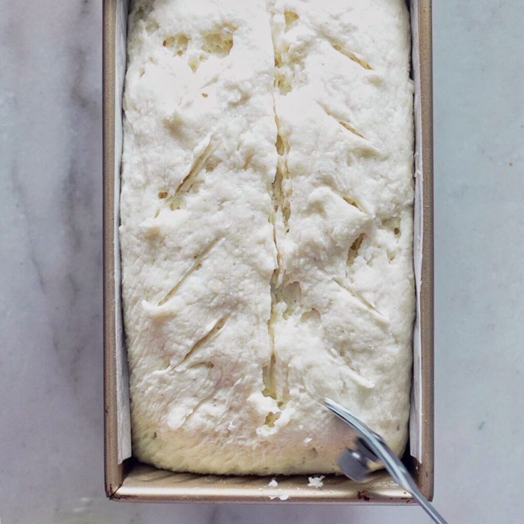 scoring risen loaf with bread lame.