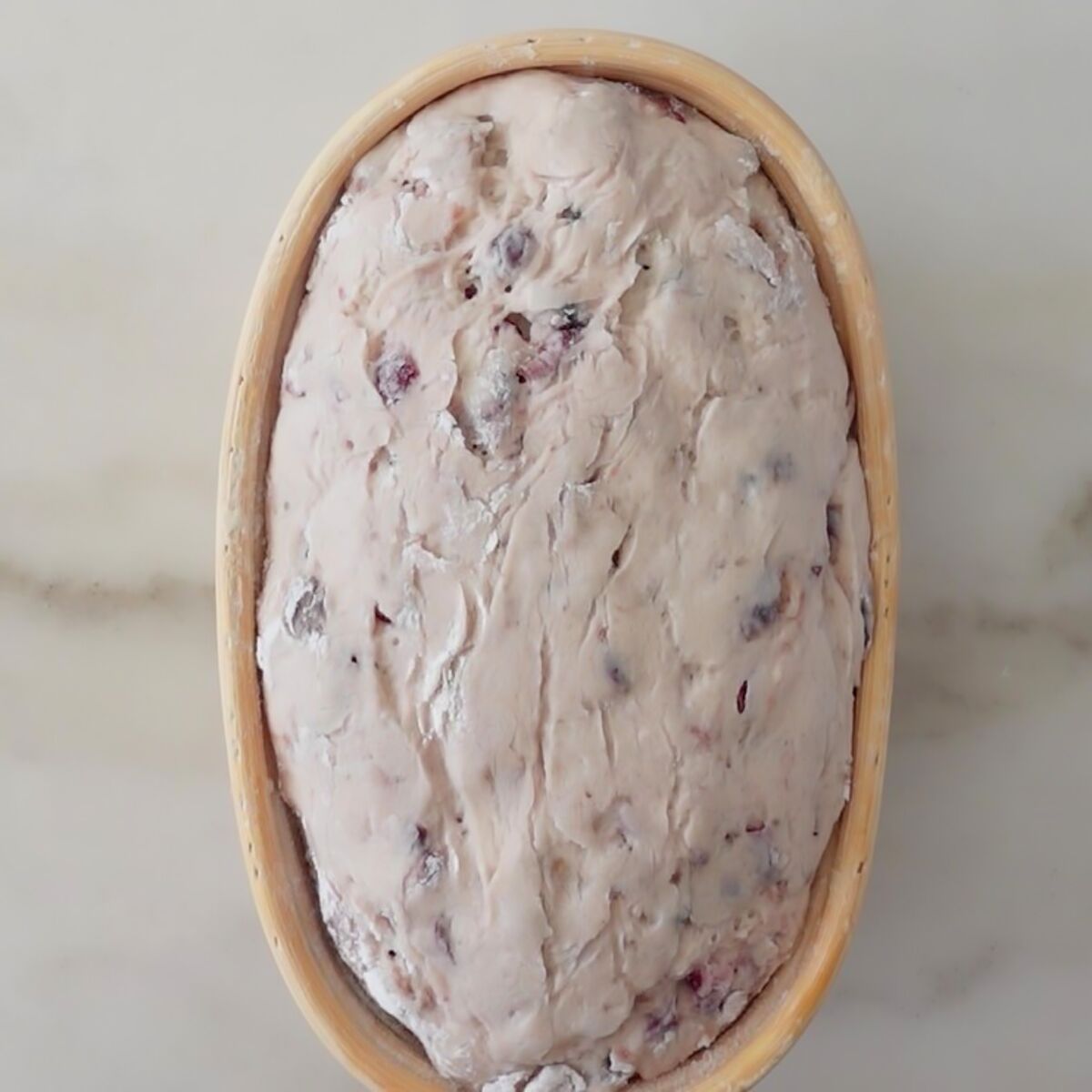 risen dough inside banetton basket.