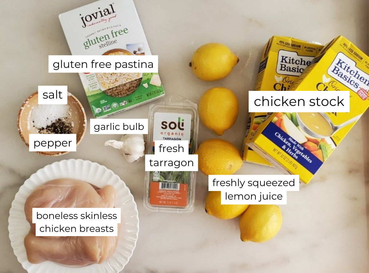 chicken pastina soup ingredients measured out and labeled.