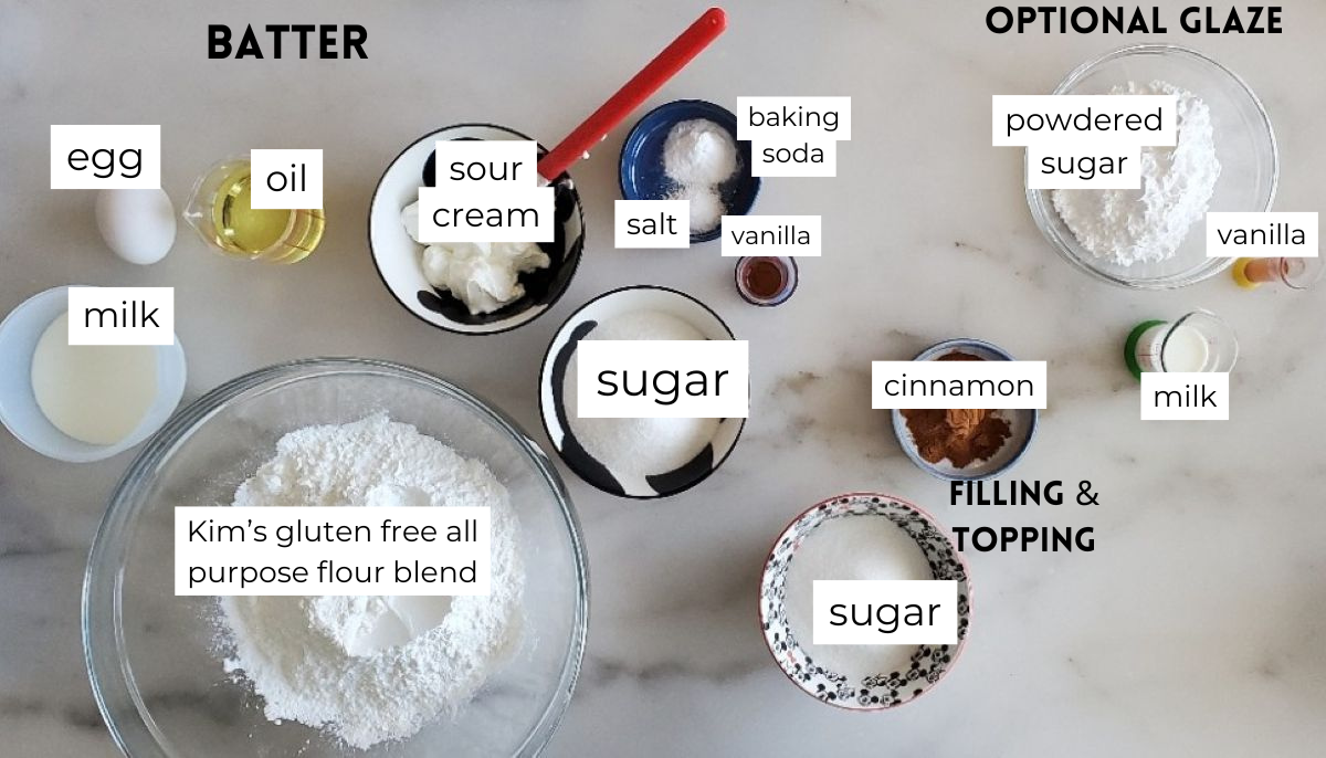 ingredients measured out and labeled on white marble.