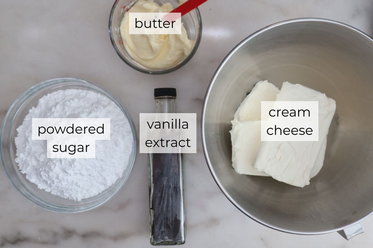 frosting ingredients measured out and labeled.