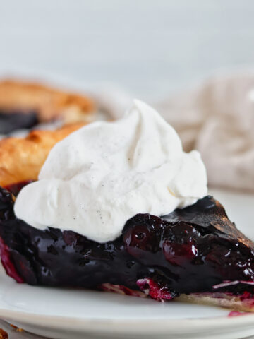 slice of fresh blueberry pie on white flowered plate with dollop of whipped cream on top.