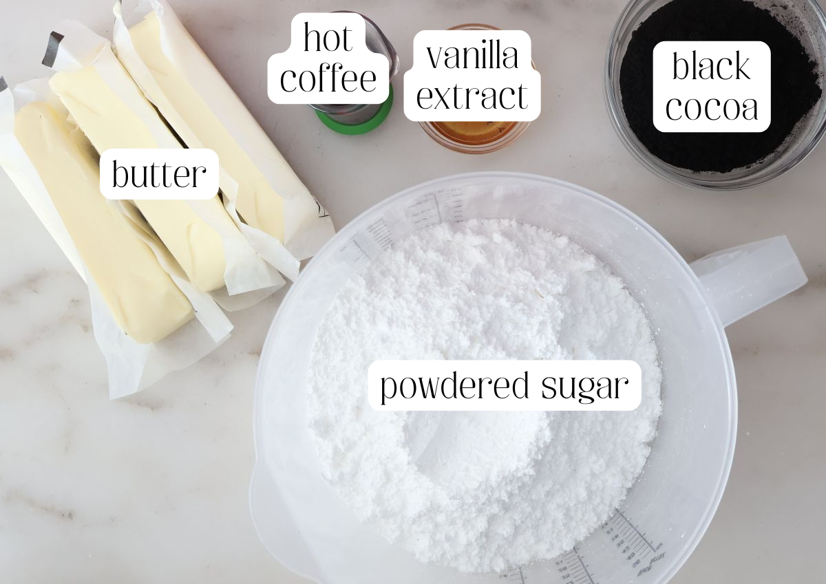black buttercream ingredients measured out and labeled.