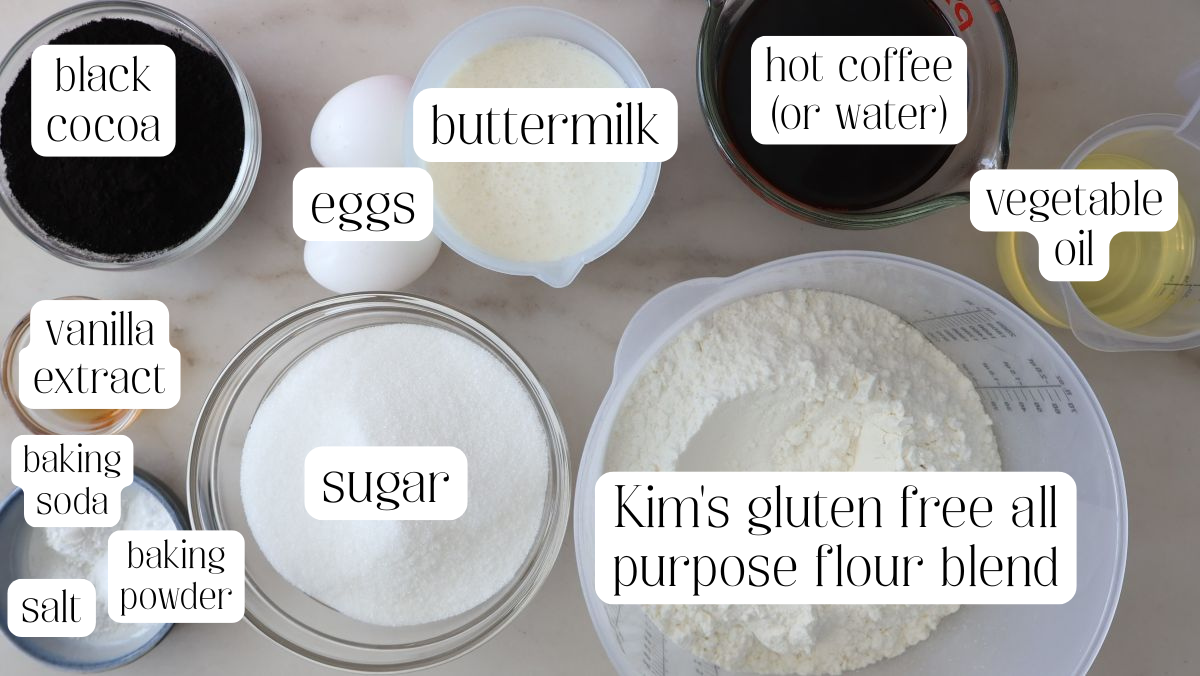 black velvet cake ingredients measured out and labeled.