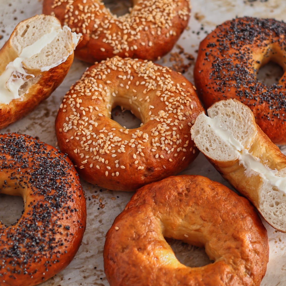different flavored bagels on parchment paper.